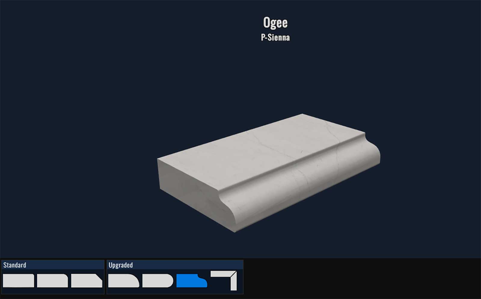 A 3D rendering of a light stone countertop edge with an "ogee" profile is shown. Text reads "Ogee P-Sienna" above the countertop. A chart below compares standard and upgraded edge profiles.