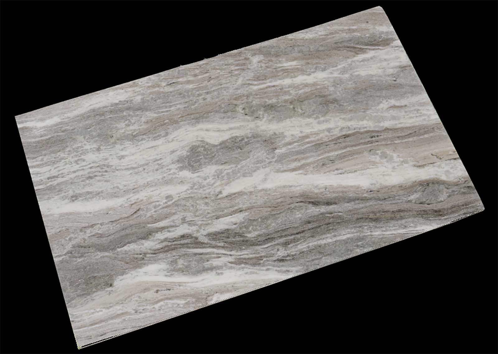 A rectangular slab of light gray and white marble with natural wavy patterns, displayed against a black background.
