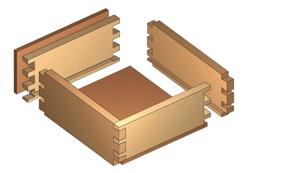 3D illustration of an exploded wooden box with interlocking dovetail joints at the corners, showing separate sides and a bottom panel ready to be assembled.