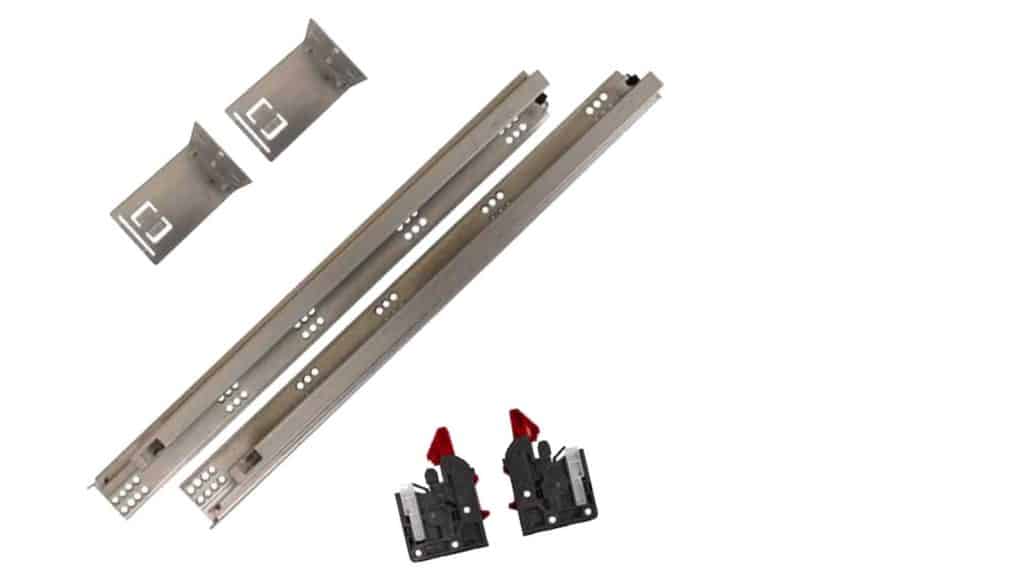 Two metal drawer slides, two gray mounting brackets, and two black and red plastic locking devices are displayed on a white background.